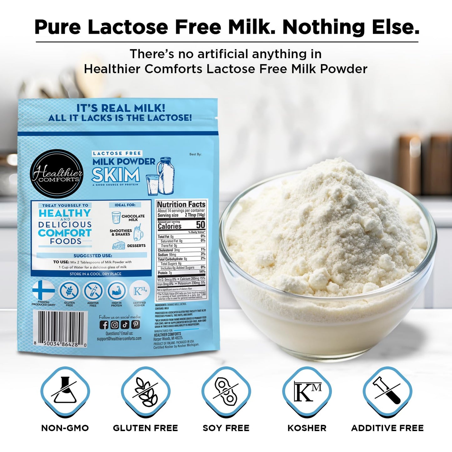 Healthier Comforts Lactose Free Skim Milk Powder, High Protein, Fat Free, 21 oz