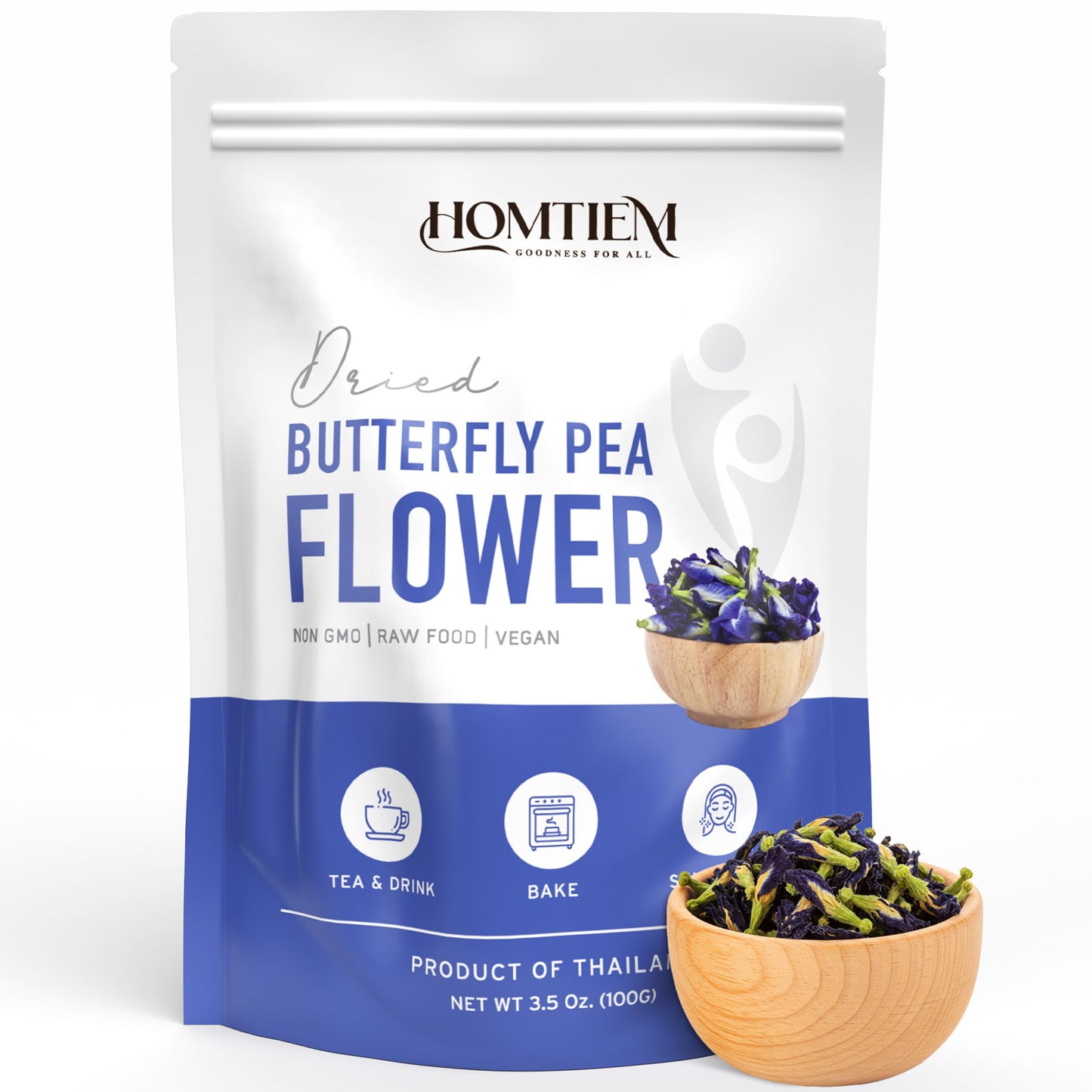 HOMTIEM Organic Dried Butterfly Pea Flower, Non-GMO, Vegan, 100g