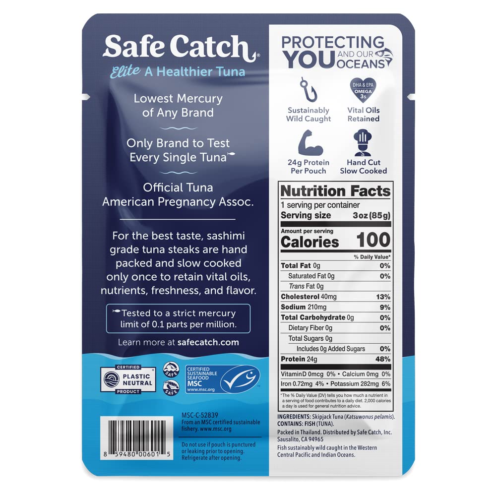Safe Catch High-Standard Tuna Wild-Caught Lowest Mercury Tuna Fish Pouch Gluten-Free Keto Food Non-Gmo Kosher Paleo-Friendly High Protein Snack, No Water Oil Tuna, Pack Of 12 Tuna Pouches 3Oz