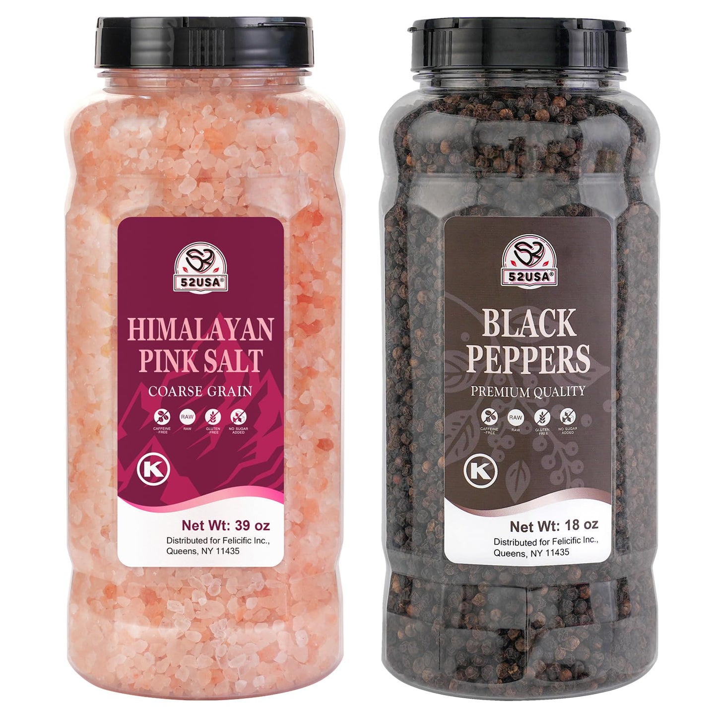 52USA Whole Black Peppercorns & Himalayan Pink Salt Set, 18 oz + 39 oz, Coarse Grain, Perfect for Grinders