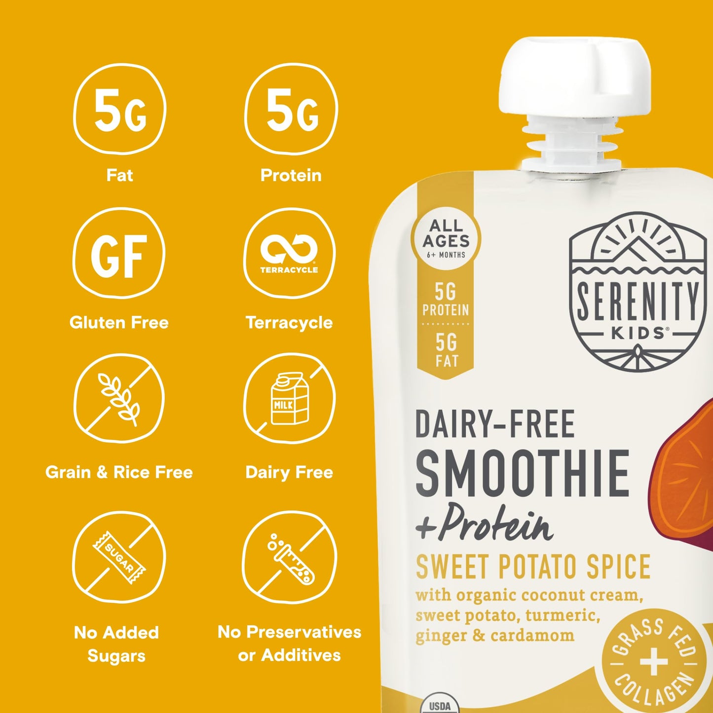 Serenity Kids 6+ Months Dairy-Free Smoothie Baby Food | USDA Organic | Grass Fed Collagen Protein | 3.5 Ounce BPA-Free Pouch | S