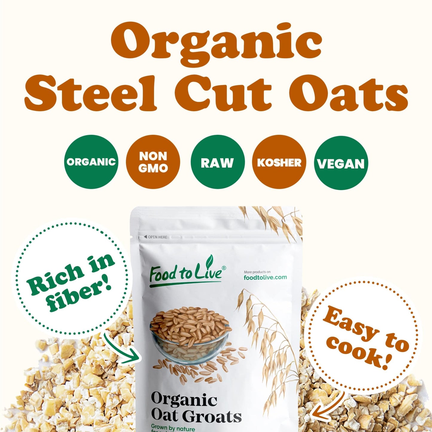 Food to Live Organic Steel Cut Oats, 3 Pounds - 100% Whole Grain Irish Oats, Non-GMO Cereal, Non-Irradiated, Vegan, Bulk, Produc