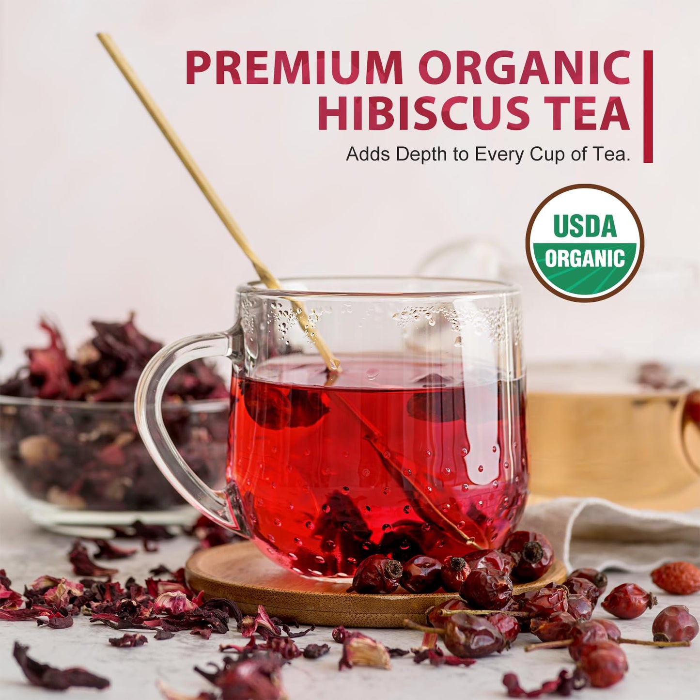 Soeos Organic Hibiscus Flower Herbal Tea, Caffeine-Free, 16oz Whole Dried Petals