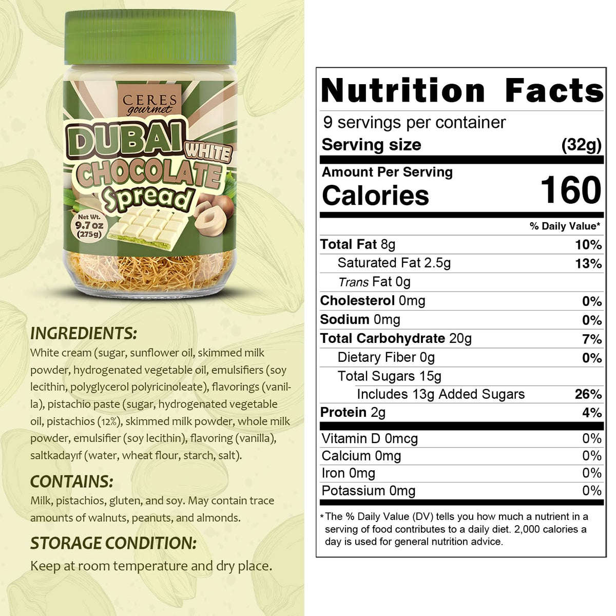 Dubai Spreadable White Chocolate - Pistachio Spread with Roasted Phyllo, Gourmet Breakfast Chocolate - 9.7 oz