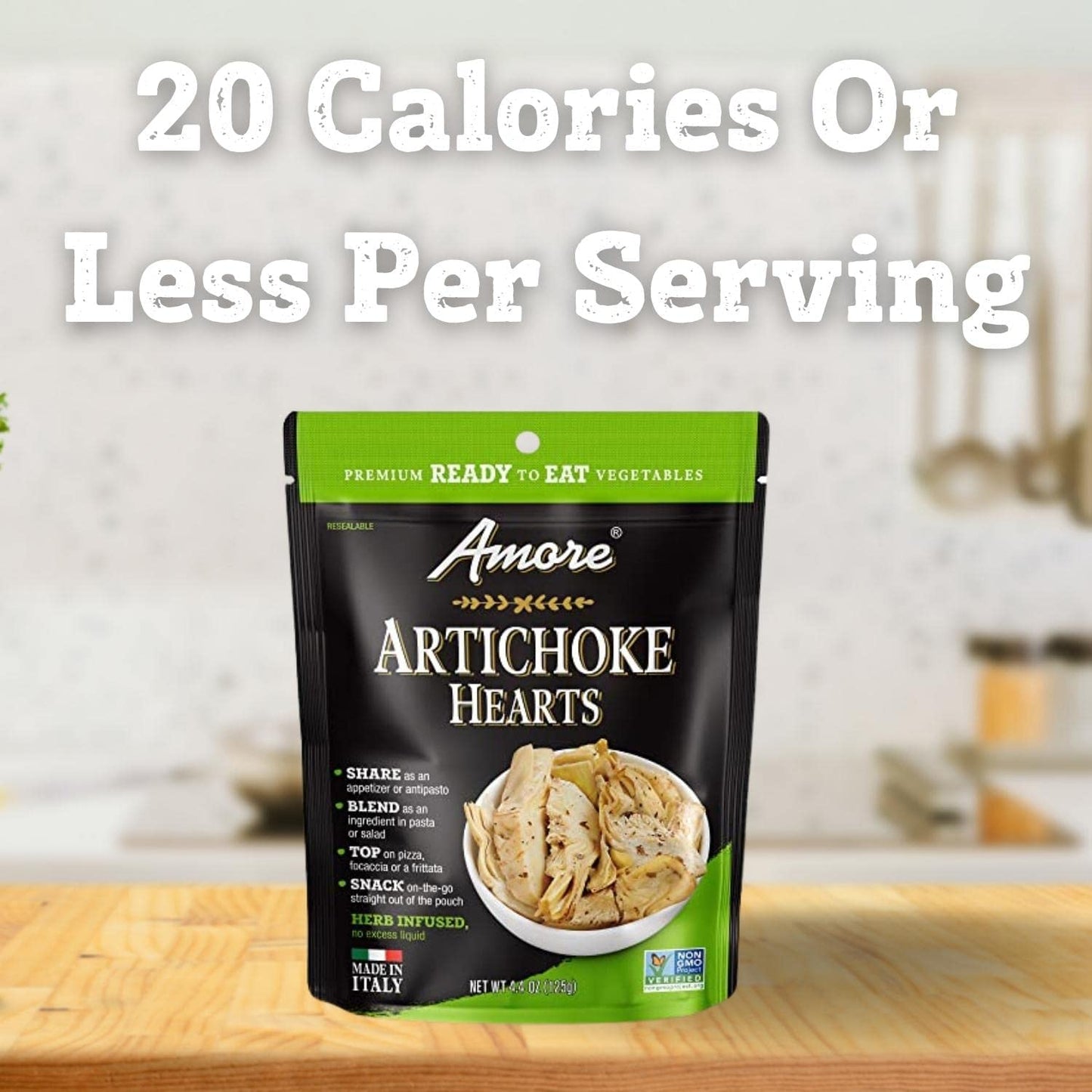 Amore Artichoke Hearts - Non Gmo Verified Ready-To-Eat Herb Infused Vegetables In Resealable Bags - Snack On The Go Straight Out