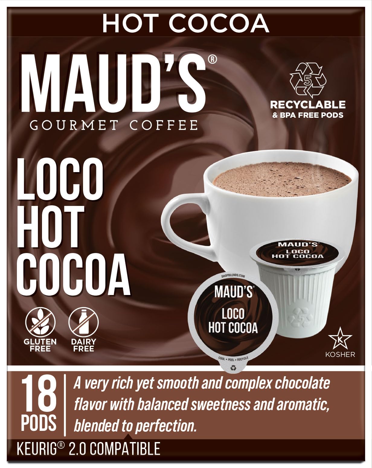 Maud'S Dark Hot Chocolate Pods, 18Ct. | Single Serve Gluten & Dairy Free Hot Cocoa | 100% California Blended Hot Chocolate | Sol