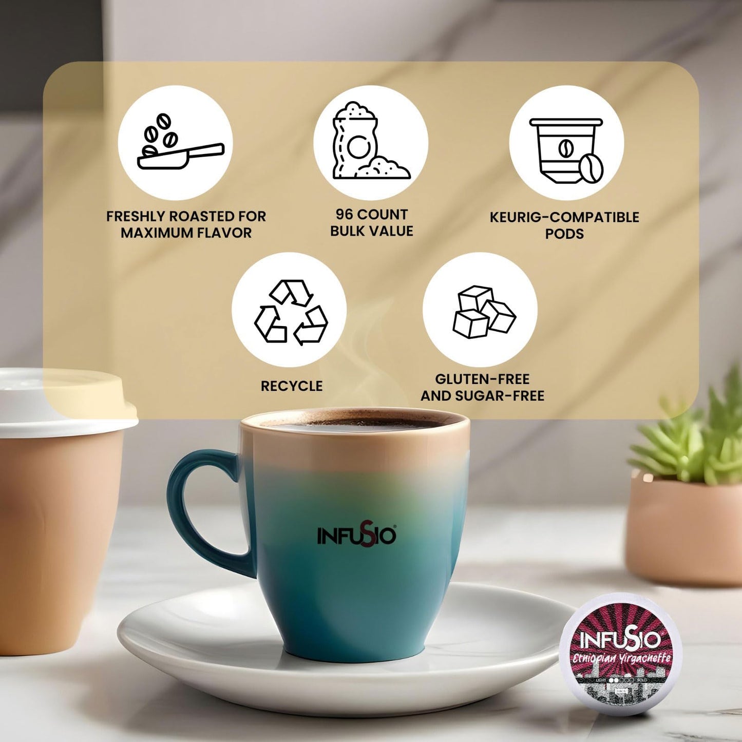 InfuSio Coffee Pods Ethiopian Yirgacheffe Gold Medium Light Roast 96 Count for Keurig K Cup malt-inspired