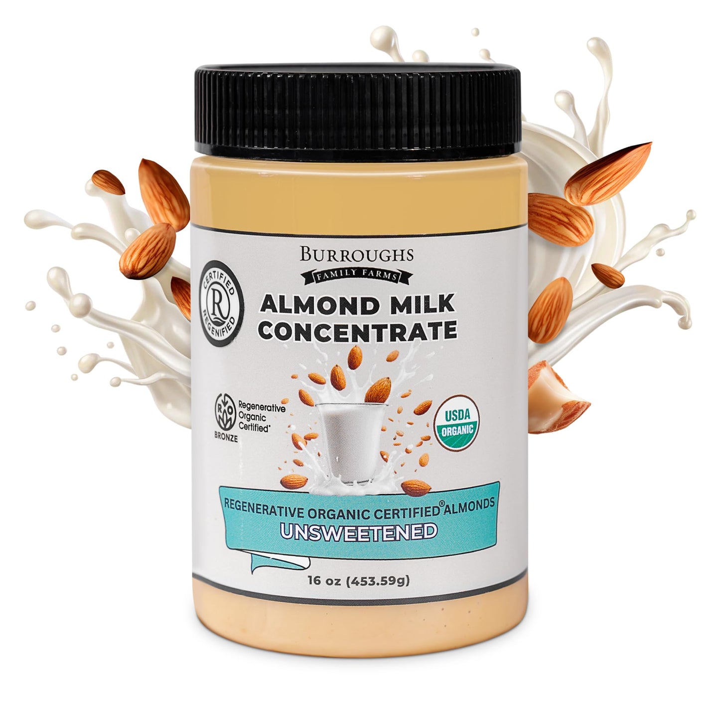 Burroughs Family Farms USDA Organic Almond Milk Concentrate, 16 Oz - First Regenerative Organic Certified Farm, Shelf-Stable, No