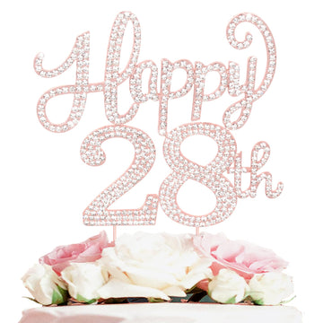 Happy 28Th Birthday Rose Gold Rhinestone Cake Topper - 28Th Birthdayanniversary,Cheers To 28 Years Old Bday Party Metal Sparkly
