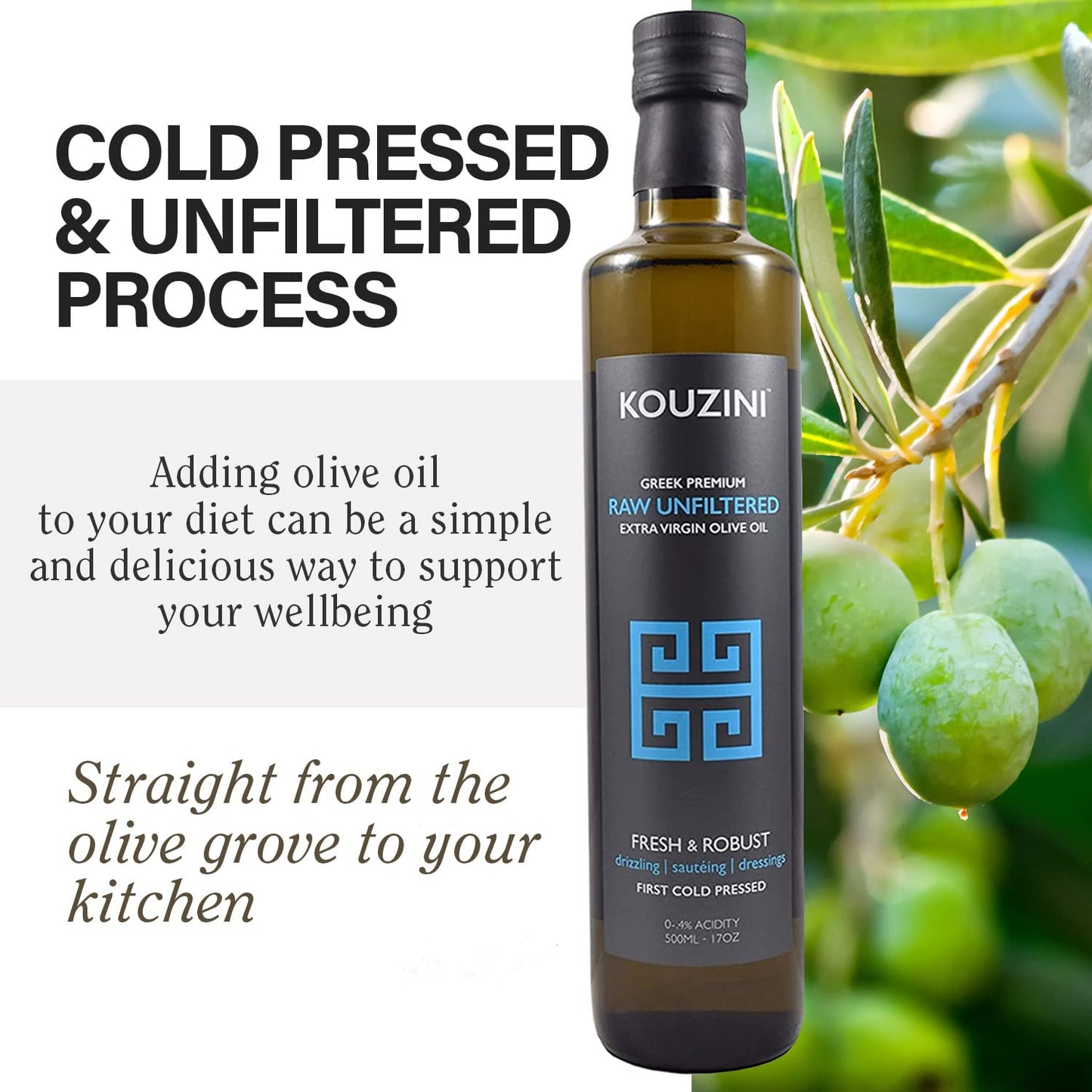 Kouzini Unfiltered Raw Extra Virgin Greek Olive Oil, Greek Extra Virgin Cold Pressed Olive Oil, Single Origin, High Polyphenols,