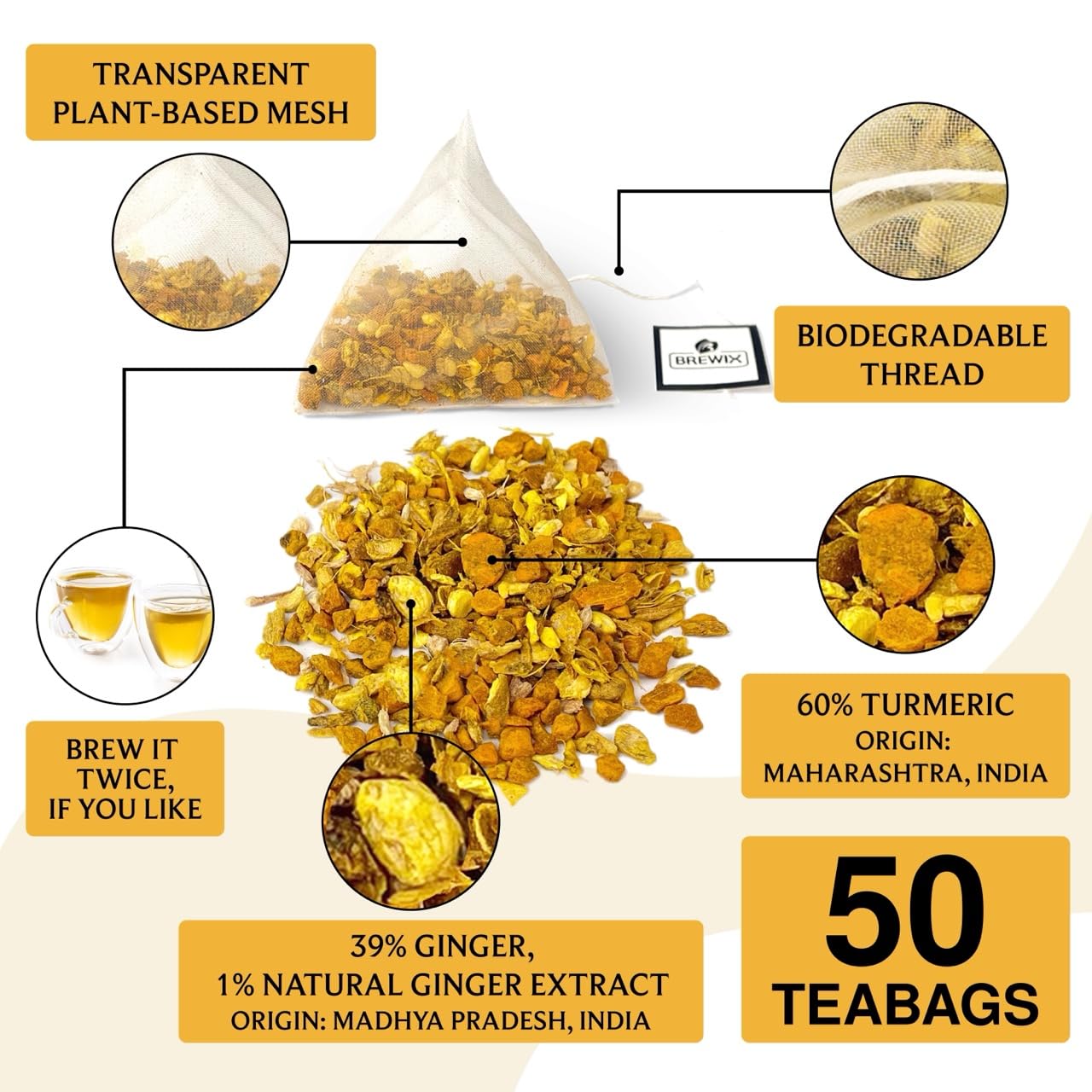 BREWIX Turmeric Ginger Herbal Tea Bags - Caffeine-Free Ayurvedic Blend, 50 Count, Gluten Free, Daily Wellness Ritual