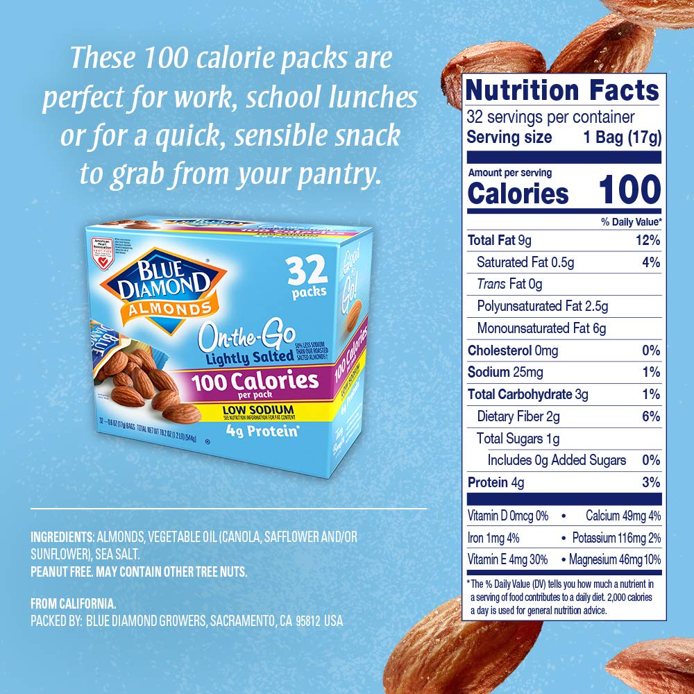 Blue Diamond Almonds Low Sodium Lightly Salted Snack Nuts, 100 Calorie Packs, 0.6 Ounce (Pack of 32)