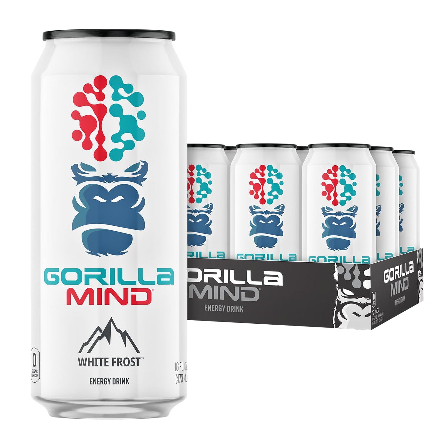 Gorilla Mind Energy Drink | Unmatched Energy  Amplified Focus | N-Acetyl-L-Tyrosine  Alpha-GPC  200mg Caffeine  Uridine  Saffron | 0 Sugar Or Artificial Colors | 16oz  12-Pack (Arctic White)