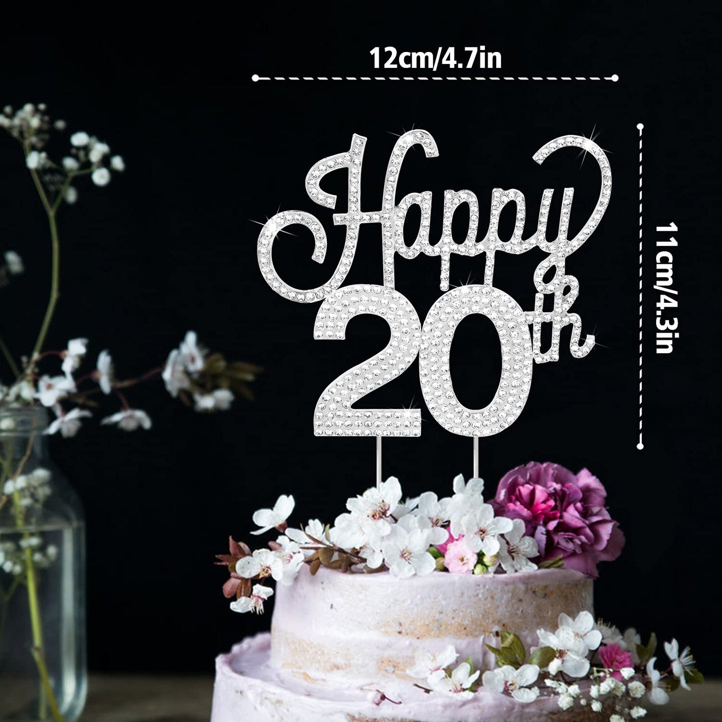 Lingteer Happy 20Th Birthday Silver Rhinestone Cake Topper - Cheers To 20Th Birthday Twenty Years Old Party Cake Centerpieces To