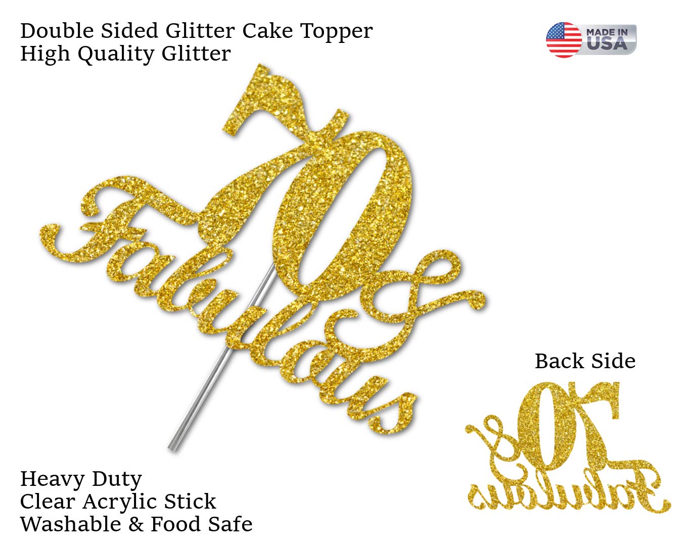 RokAPary 70th Birthday Cake Topper, Gold Glitter Acrylic, Sturdy Double-Sided, Made in USA, Model RCTF