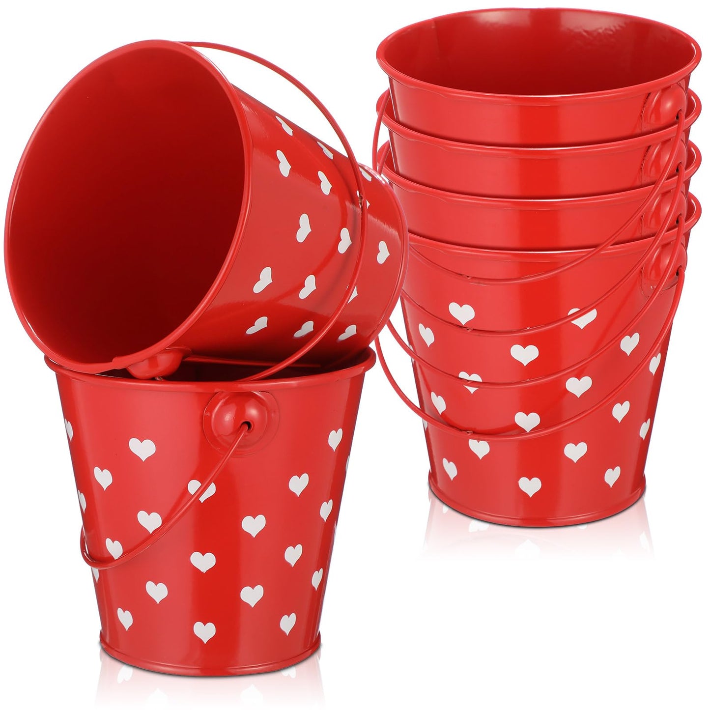 Meekoo 6 Pcs Valentine Day Mini Buckets With Handle 4 Red Metal Heart Bucket Small Sand Pails Valentines Party Favor Candies Crayon Pencil Gift Holder For Valentines School Party Favor