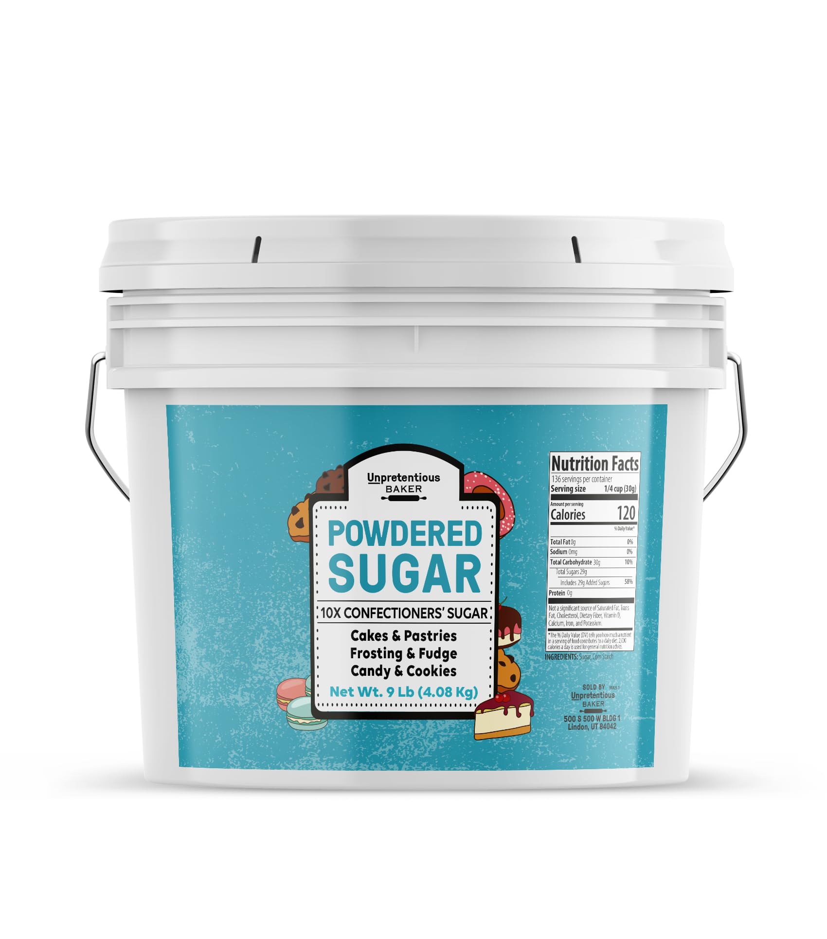 Unpretentious Powdered Sugar, Confectioners Sugar, 144 Ounce Bucket, White, Ideal for Baking and Desserts