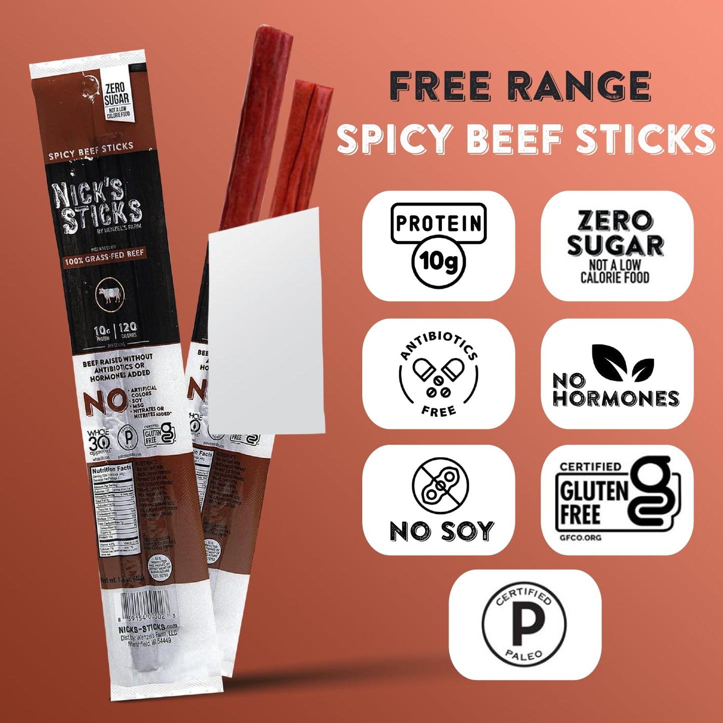 Nick'S Sticks Clean & Balanced 100% Grass-Fed Spicy Beef Snack Sticks | Made In The Usa | Gluten Free | Paleo, Keto, Whole30 App