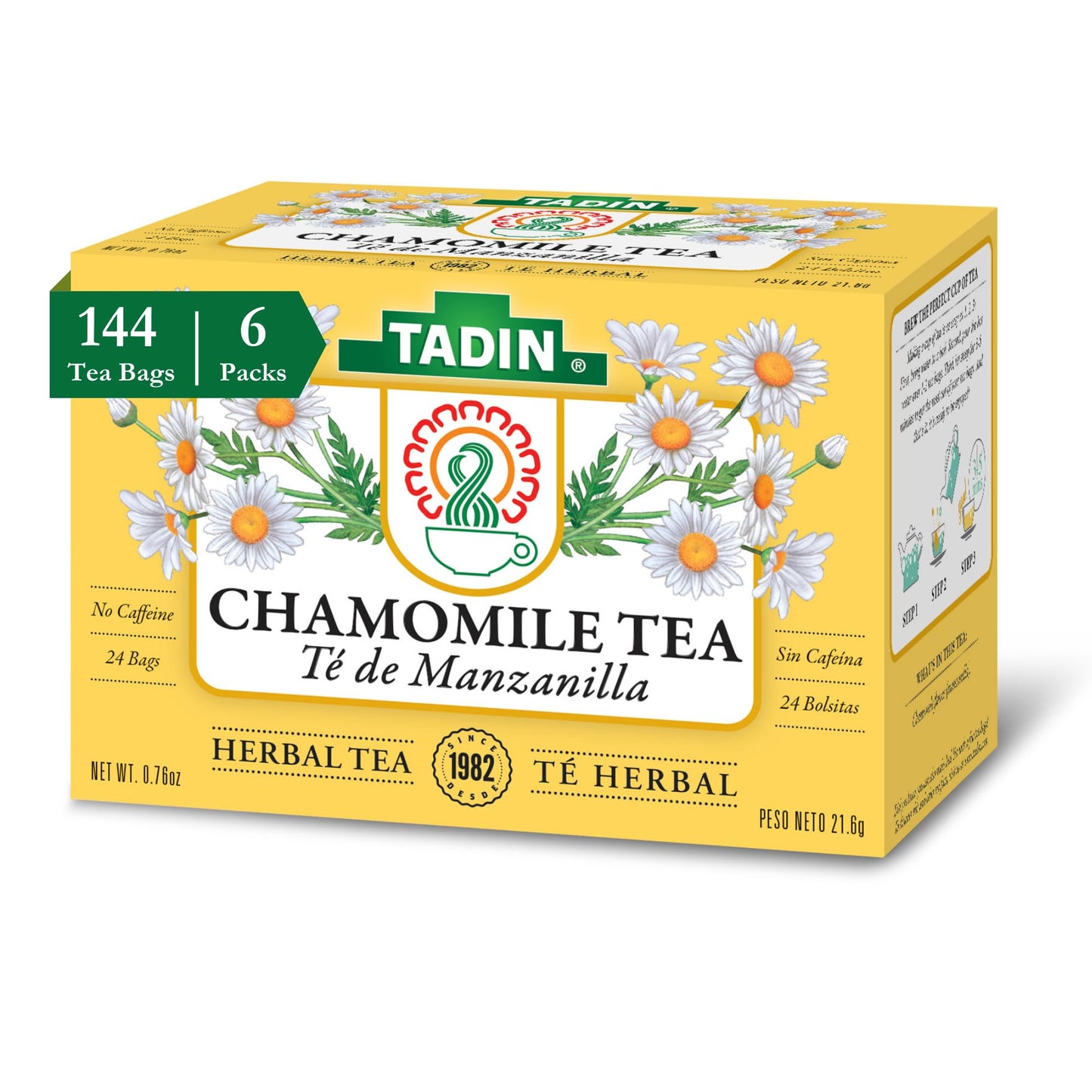 Tadin Chamomile Tea Bags, Herbal, Caffeine Free, 24 Bags Per Box, Pack of 6