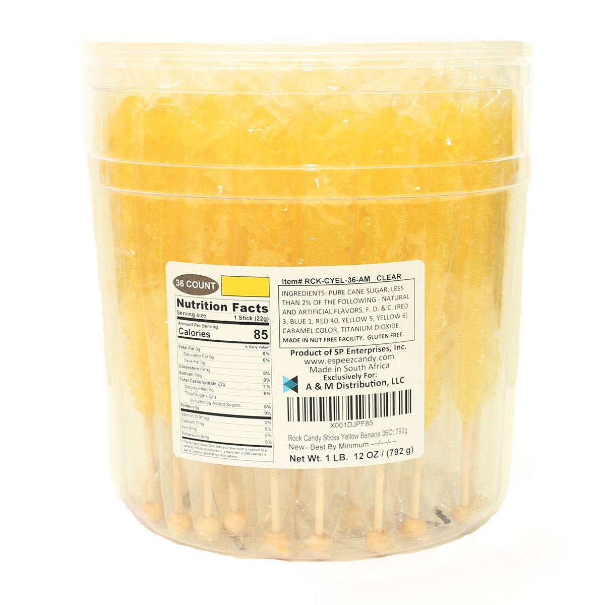 Espeez Extra Large Rock Candy Sticks - 36 Yellow Banana Candy Sticks - Individually Wrapped for Party Favors