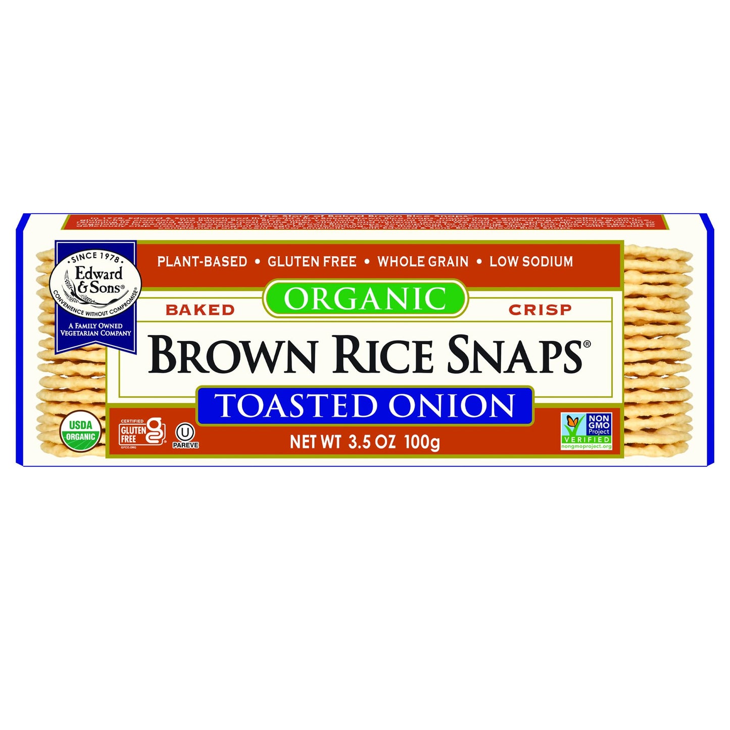 Edward & Sons Organic Toasted Onion Brown Rice Snaps - Oven Baked, Whole Grain, Gluten Free, Low Sodium, Low Fat, Non-GMO Projec
