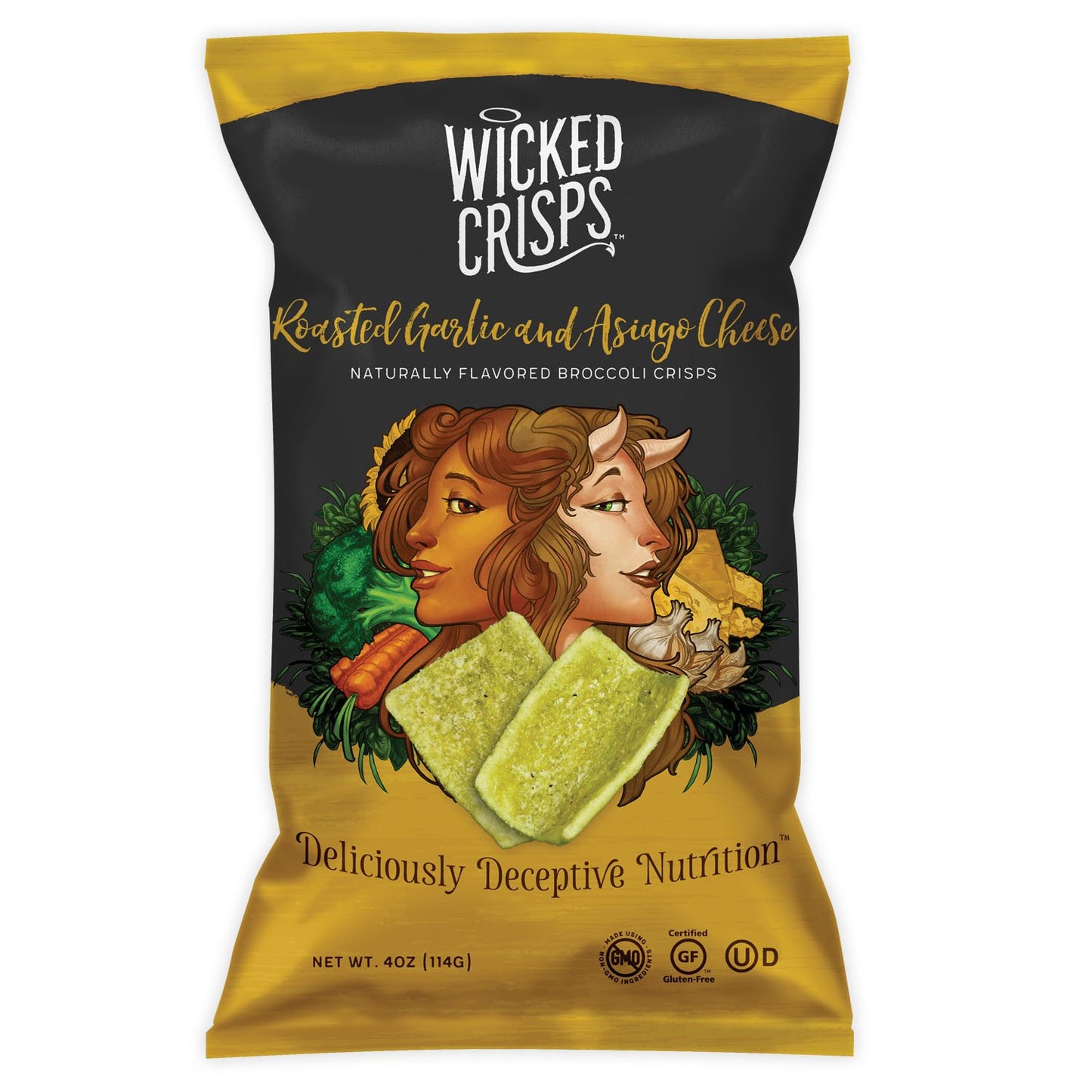Wicked Crisps Baked Veggie Chips - Roasted Garlic & Asiago Cheese, Gluten Free, 4oz Party-Size Bag (4 Pack)