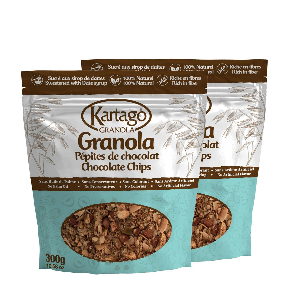 Kartago Granola Chocolate Chip Cereals, Naturally Sweetened with Date Syrup, Healthy Breakfast, 10.58 oz, (Pack of 2)