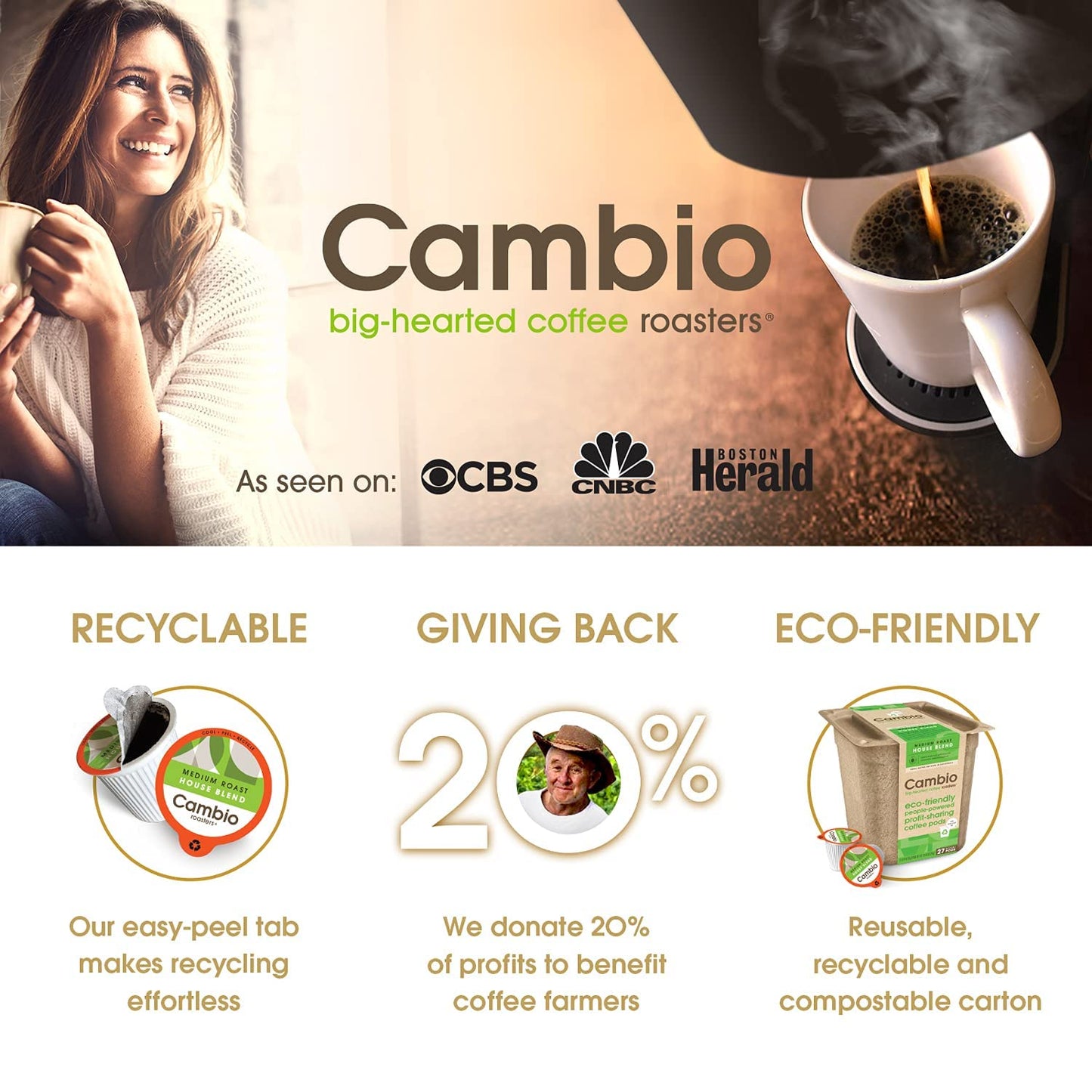 Cambio Roasters® Dark Roast Coffee Pods Recyclable Aluminum K Cup Dark Roast Coffee Pods Dark Roast, 10 Count, Kcup Compatible, 100% Arabica Beans