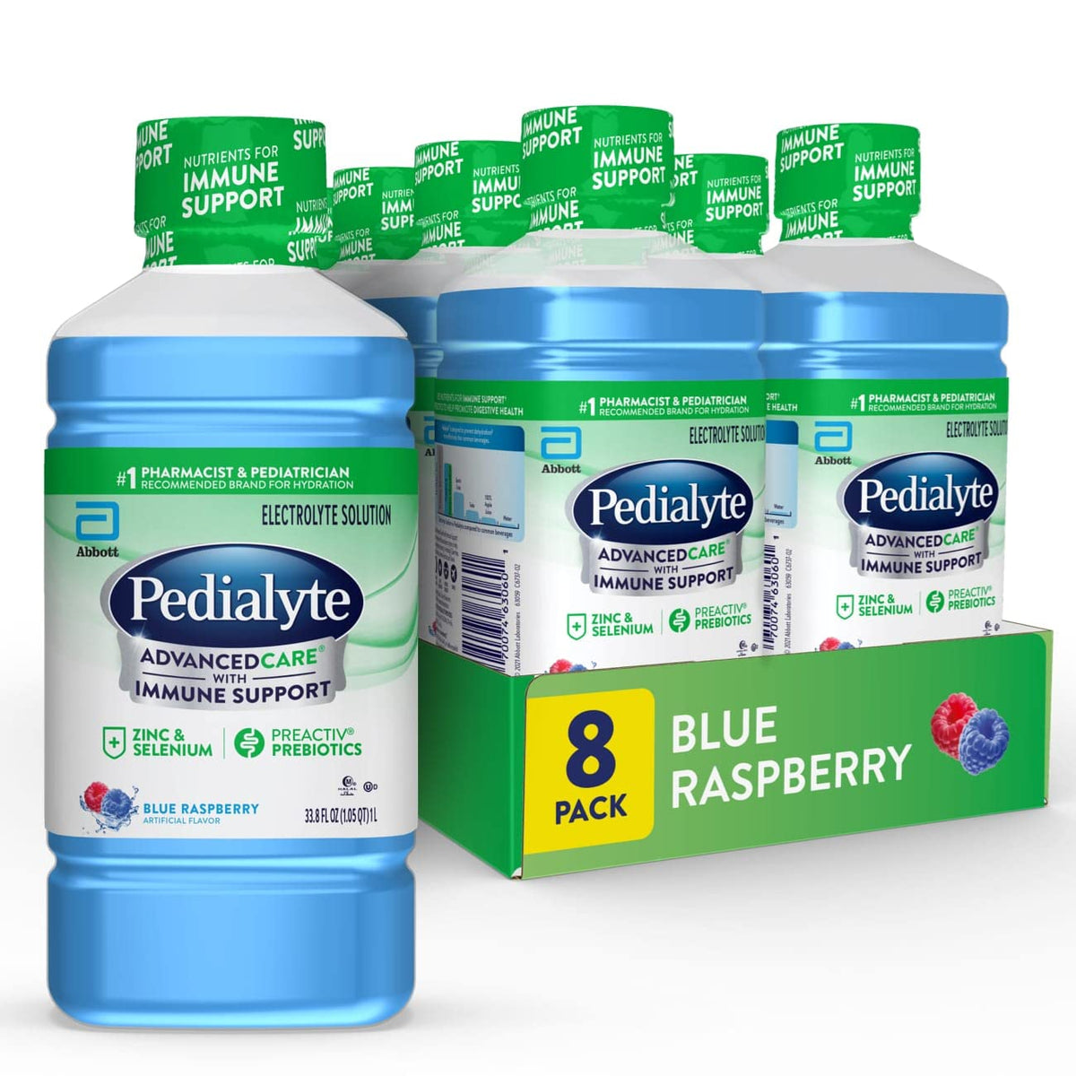 Pedialyte AdvancedCare Electrolyte Solution Has PreActivPrebiotics | Hydration Drink | Blue Raspberry, 1 Liter, Pack of 8