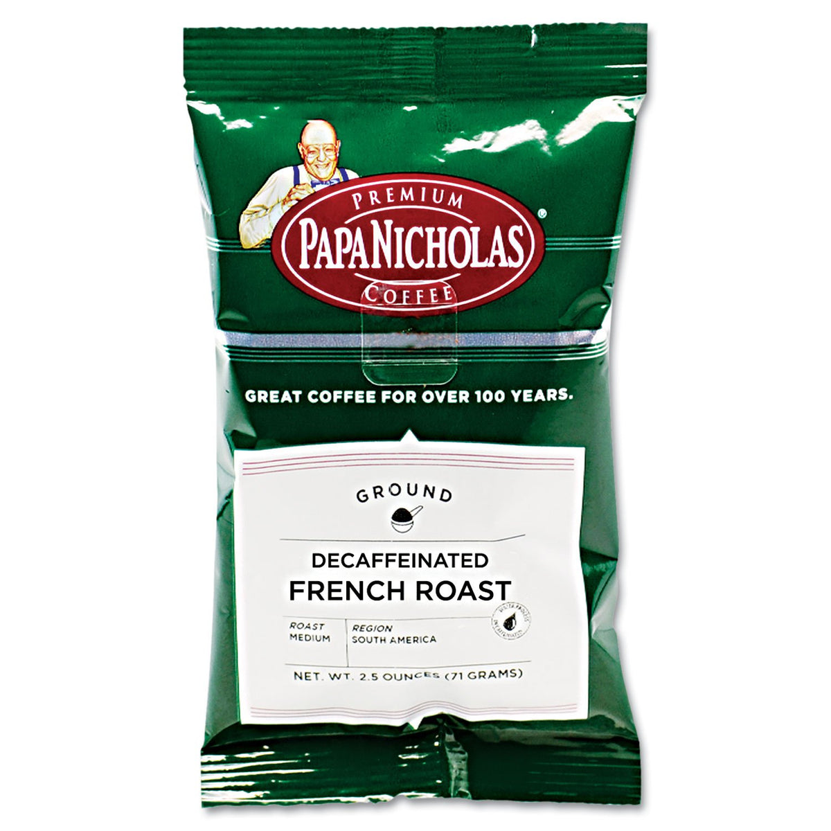Papanicholas Coffee Decaffeinated French Roast Packets, Model PCO25186, 18 Pack, 2.5 Ounce Each