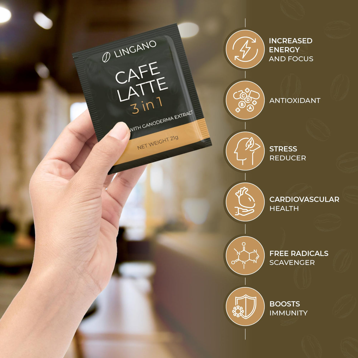Lingano Ganoderma Cafe Latte 3 In 1 Instant Reishi Mushroom Coffee - 20 Sachets