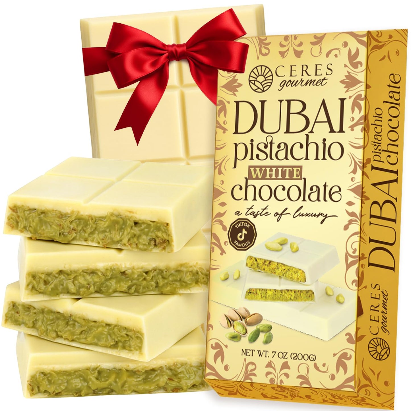 Dubai Chocolate Kunafa Pistachio Bar 7Oz | Famous White Chocolate Kunafe Bar | Crispy Kunafe With Pistachio Paste | Gift Idea For All Occasions | Elegant White Chocolate Kunafa Gift