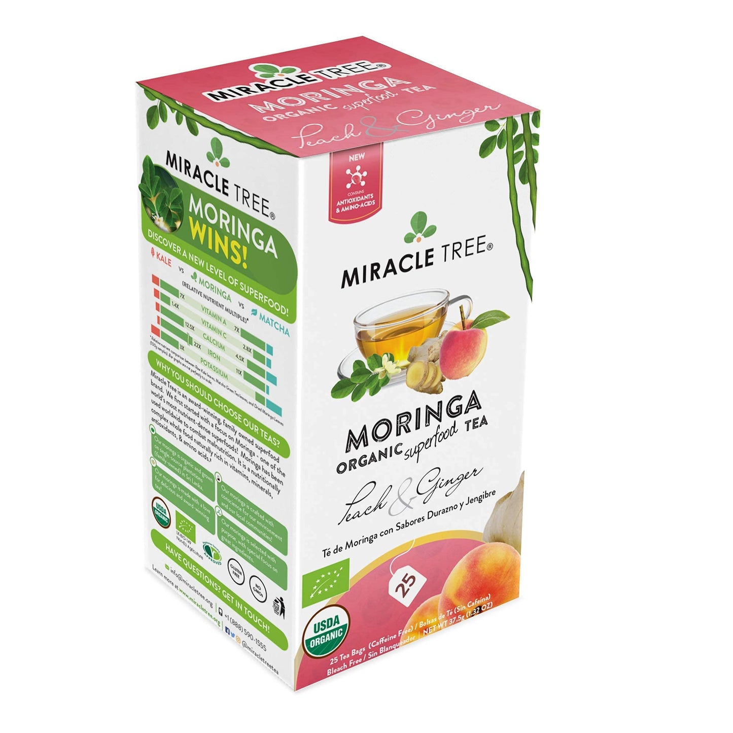 Tree Organic Moringa Superfood Tea, 25 Individually Sealed Bags, Peach & Ginger, 3 Count, Vegan, Gluten-Free, Caffeine-Free