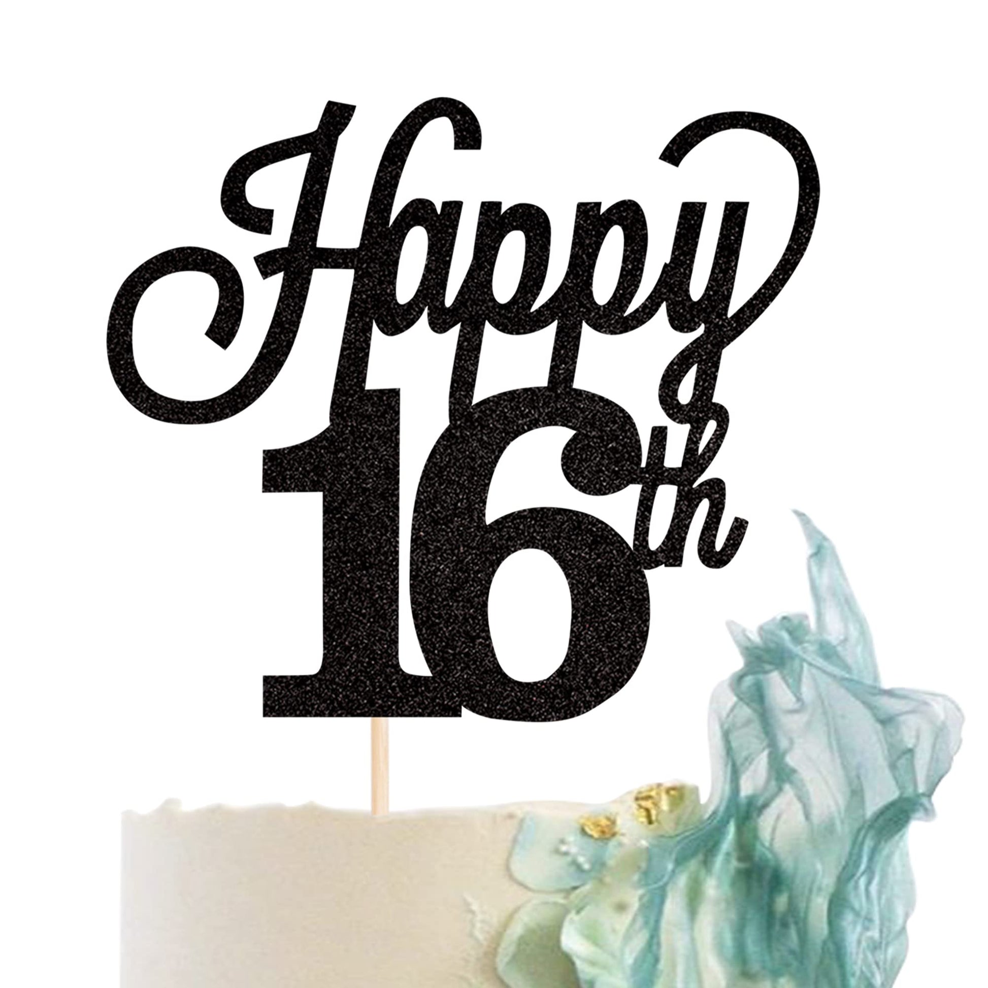 YCTHUNFISH Happy 16th Cake Topper, Black Glitter Number 16, Bamboo Material, Birthday Party Decorations