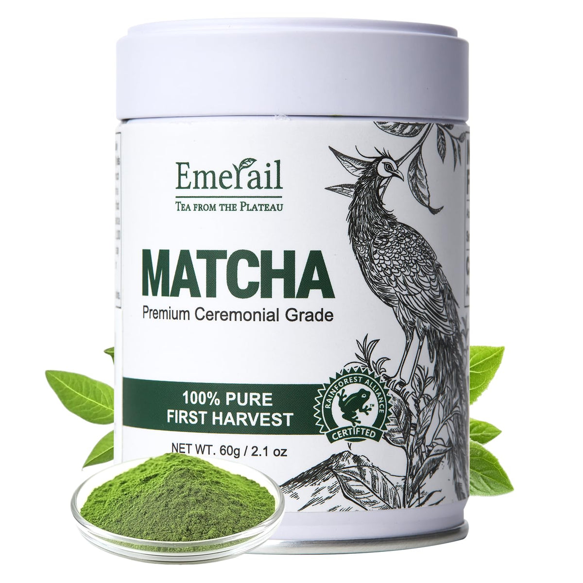 Emerail Ceremonial Grade Matcha Green Tea Powder  Top-Grade First Harvest Unsweetened  100% Pure Matcha For Lattes  Smoothies  And Baking (60G / 2.1Oz)