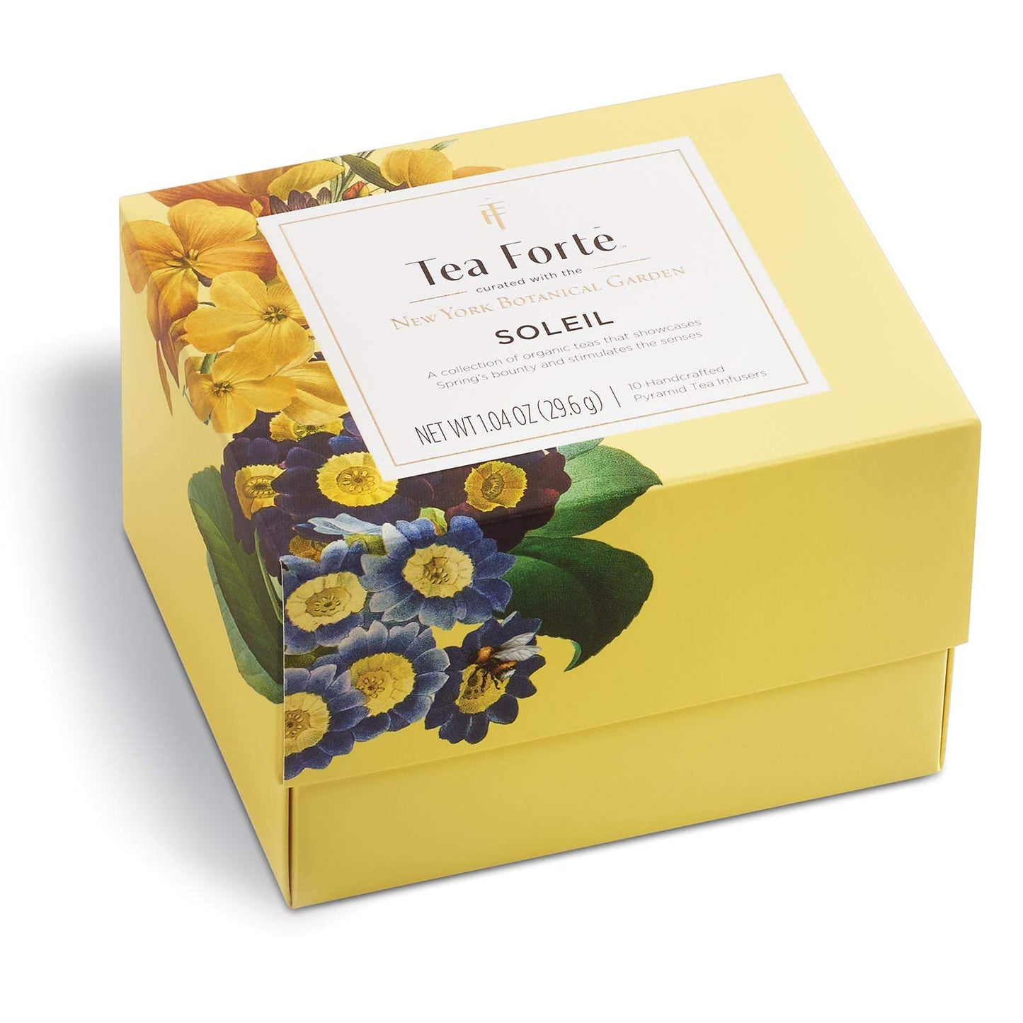 Tea Forte Soleil 3-Piece Enhanced Tea Gift Set With Yellow Cafe Cup With Lid, Tea Tray And 10 Assorted 2 Of Each Variety Organic Handcrafted Pyramid Infuser Tea Bags