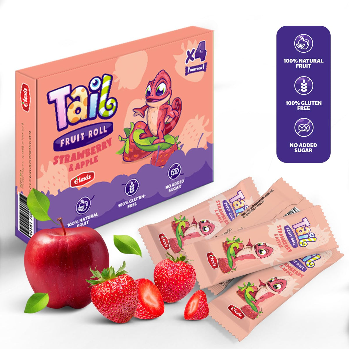 Tail Fruit Roll Healthy Snacks 48 Individual Packs Strawberry (Fresa) Flavor for Kids and Adults. No added sugar, non-GMO, sourc