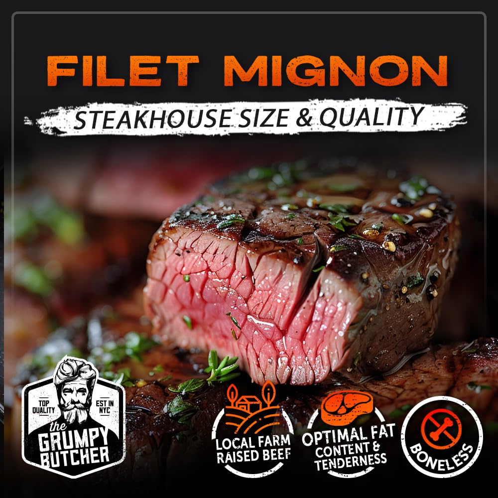 Grumpy Butcher Large Filet Mignon Steak (8 Oz Each, 12 Pack) | Steak House Size Beef Tenderloin Center Cut | Bulk Steak Package
