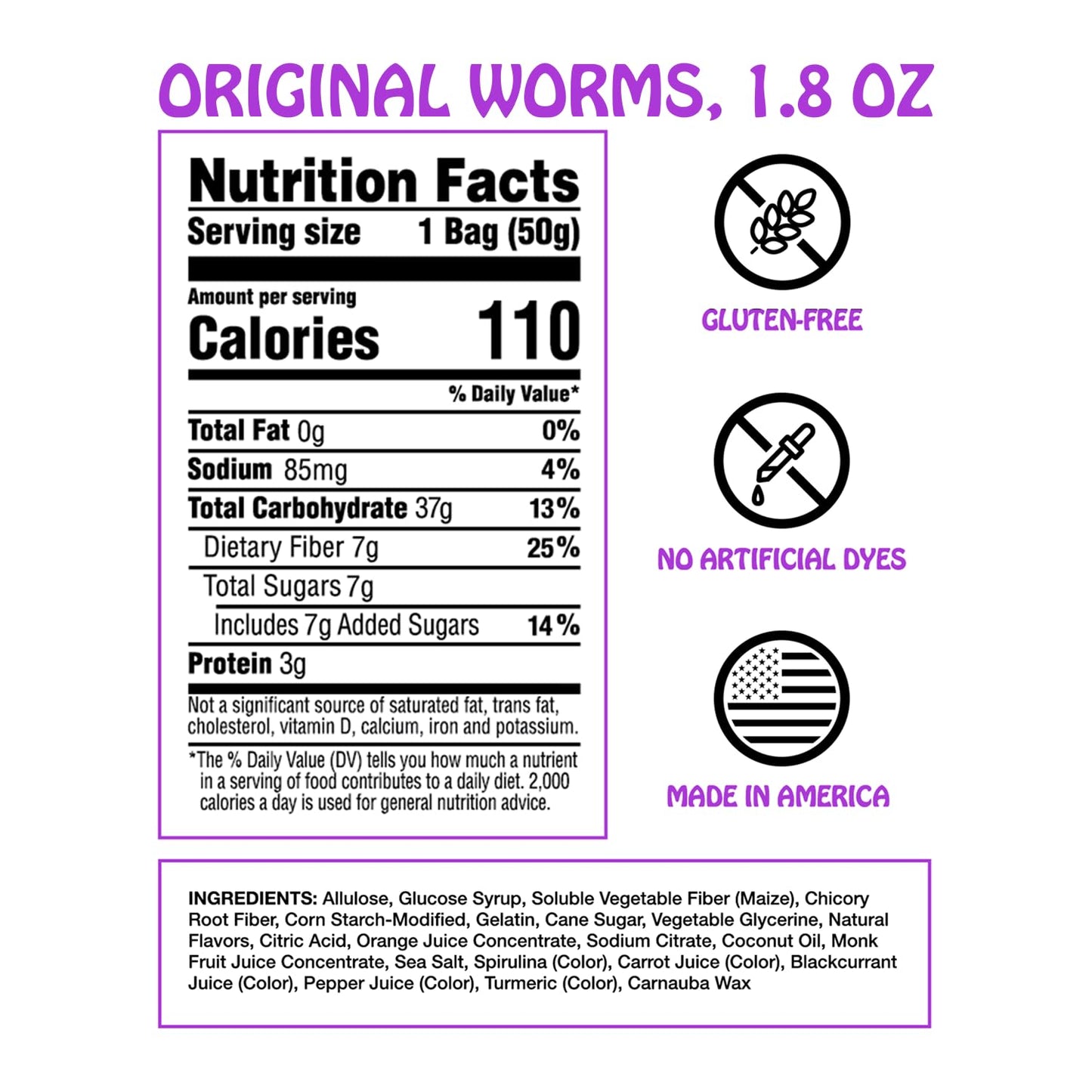 Rotten Original Gummy Worms - Low Sugar, Low Calorie, 7g Gut-Friendly Prebiotic Fiber and 3g Protein, Gluten Free Candy - 1.8 oz