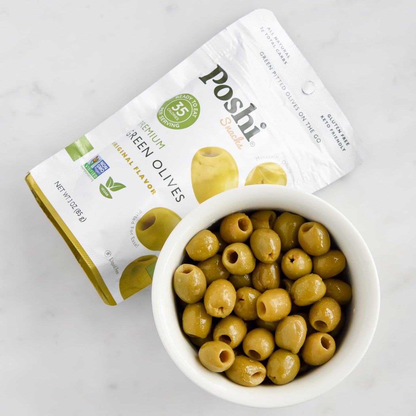 Poshi Green Olives - Original Flavor - Pitted Snack Packs - 3 Oz Bags - 6/Pack - All Natural, Non-GMO, Kosher, Gluten-Free