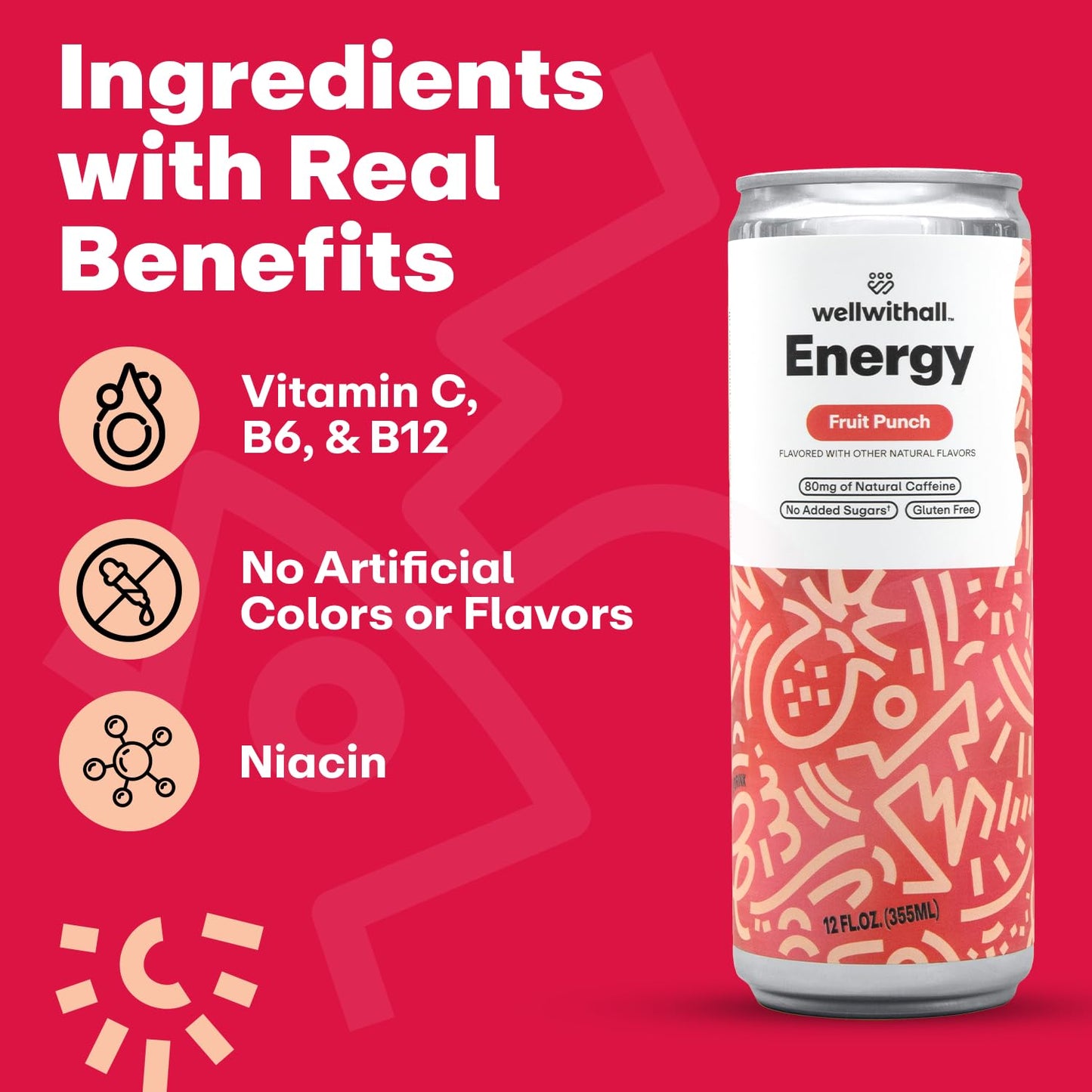 Wellwithall Fruit Punch Energy Drink – Caffeine From Tea – With Vitamin C – Lightly Sparkling Beverage – Fruit & Veggie Juice Blend – 12 Oz (Pack Of 12)