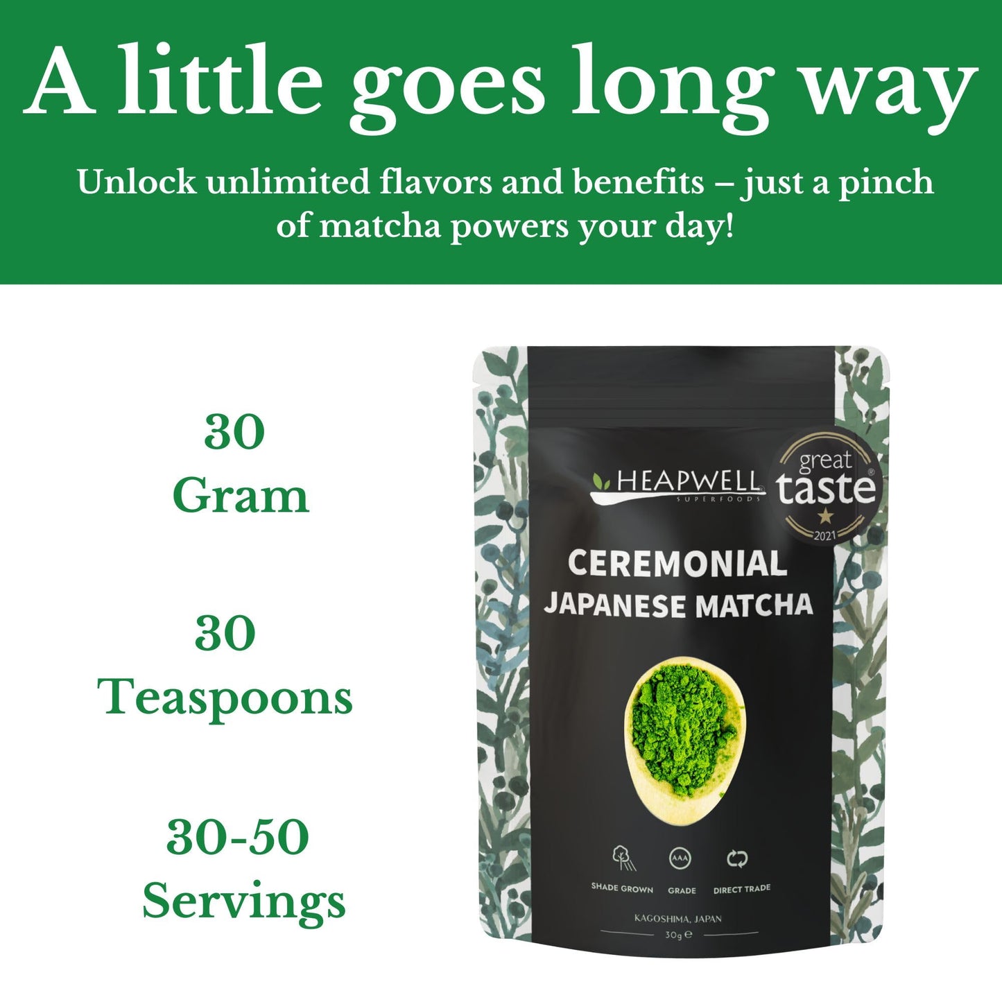 Heapwell Japanese Matcha - Premium Ceremonial Grade Tea, AAA Grade, 1.05oz (30g), Authentic Japanese Origin