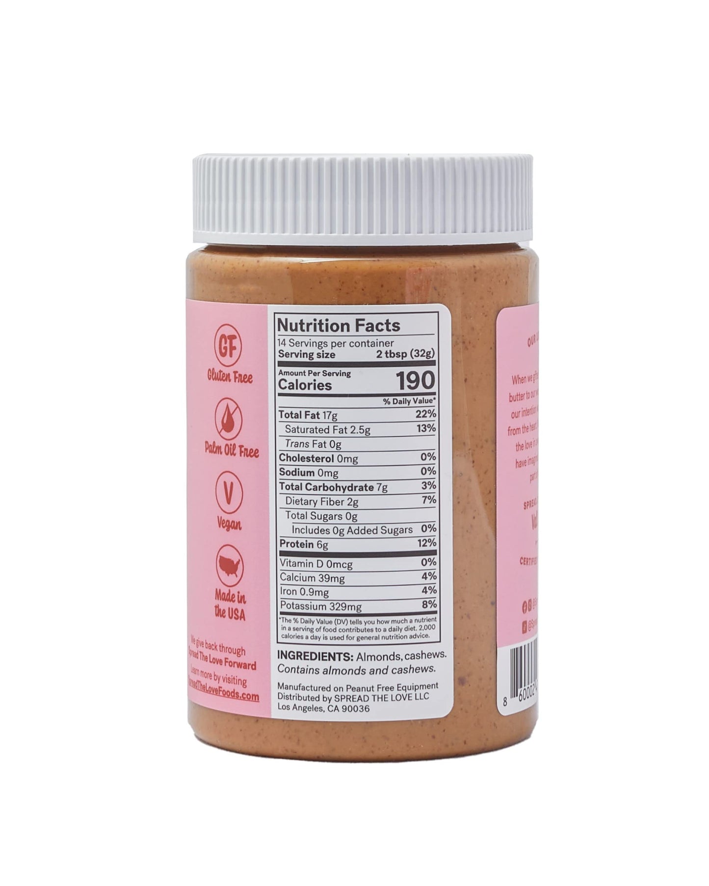 Spread The Love Almond Cashew Power Butter, 16 Ounce (All Natural, Vegan, Gluten-Free, No Salt, No Sugar, No Palm-Oil, No-Gmos)