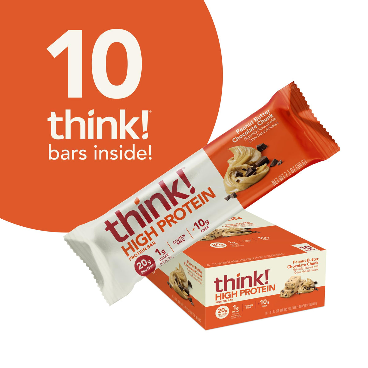 Think! Protein Bars, High Protein Snacks, Gluten Free, Kosher Friendly, Peanut Butter Chocolate Chunk, 10 Count