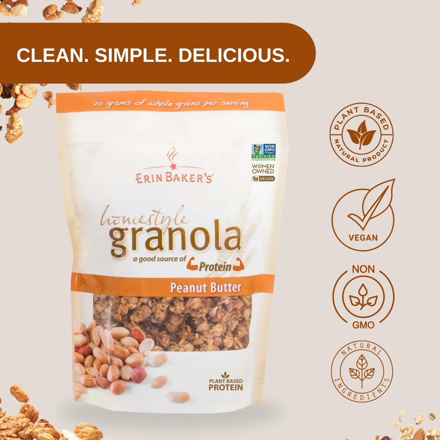 Erin Baker'S Homestyle Granola, Peanut Butter, Ancient Grains, Vegan, Non-Gmo, Cereal, 12-Ounce Bags (Pack Of 6)