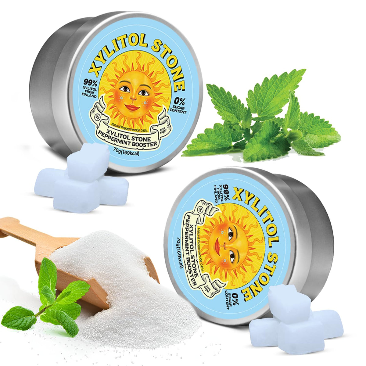 Xylitol Stone Sugar Free Candy - Vegan & Keto Friendly Unique Hard Candy - 100% Natural Flavor Candies - Gluten Free & Non-Gmo Breath Freshener Low Calorie Mints - Peppermint Booster (Pack Of 2)