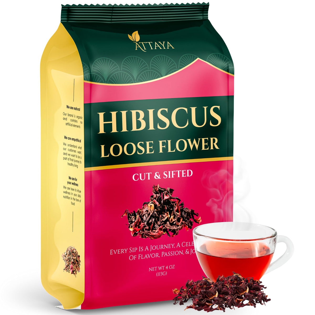 Attaya Natural Hibiscus Loose Flowers  Cut & Sifted 4Oz | 100% Pure  Dried  Energy Blend-Free | Antioxidant-Rich For Wellness & Relaxation.