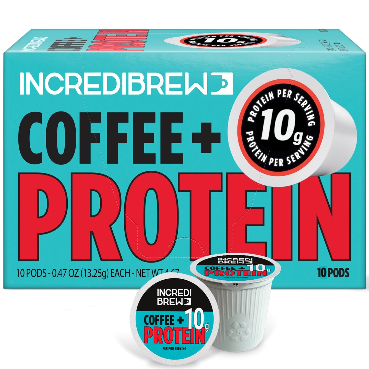 Incredibrew Coffee Keto Friendly with No Sugar; Medium-Dark Roast, Recyclable Pods, 10 Count Pods (10 Pods, Protein)