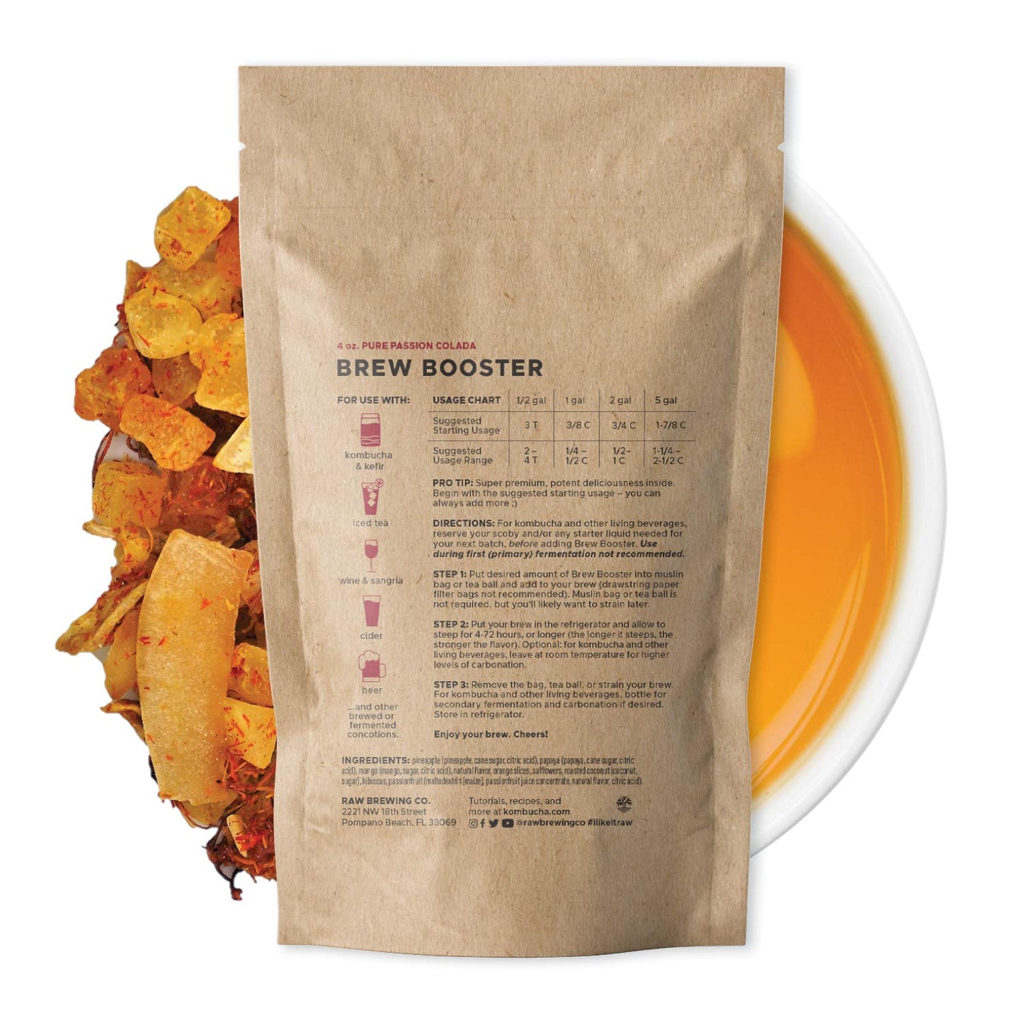 Raw Brewing Company Kombucha Brew Booster - Passionfruit Coconut Blend, All Natural, Caffeine Free, 4 Ounce