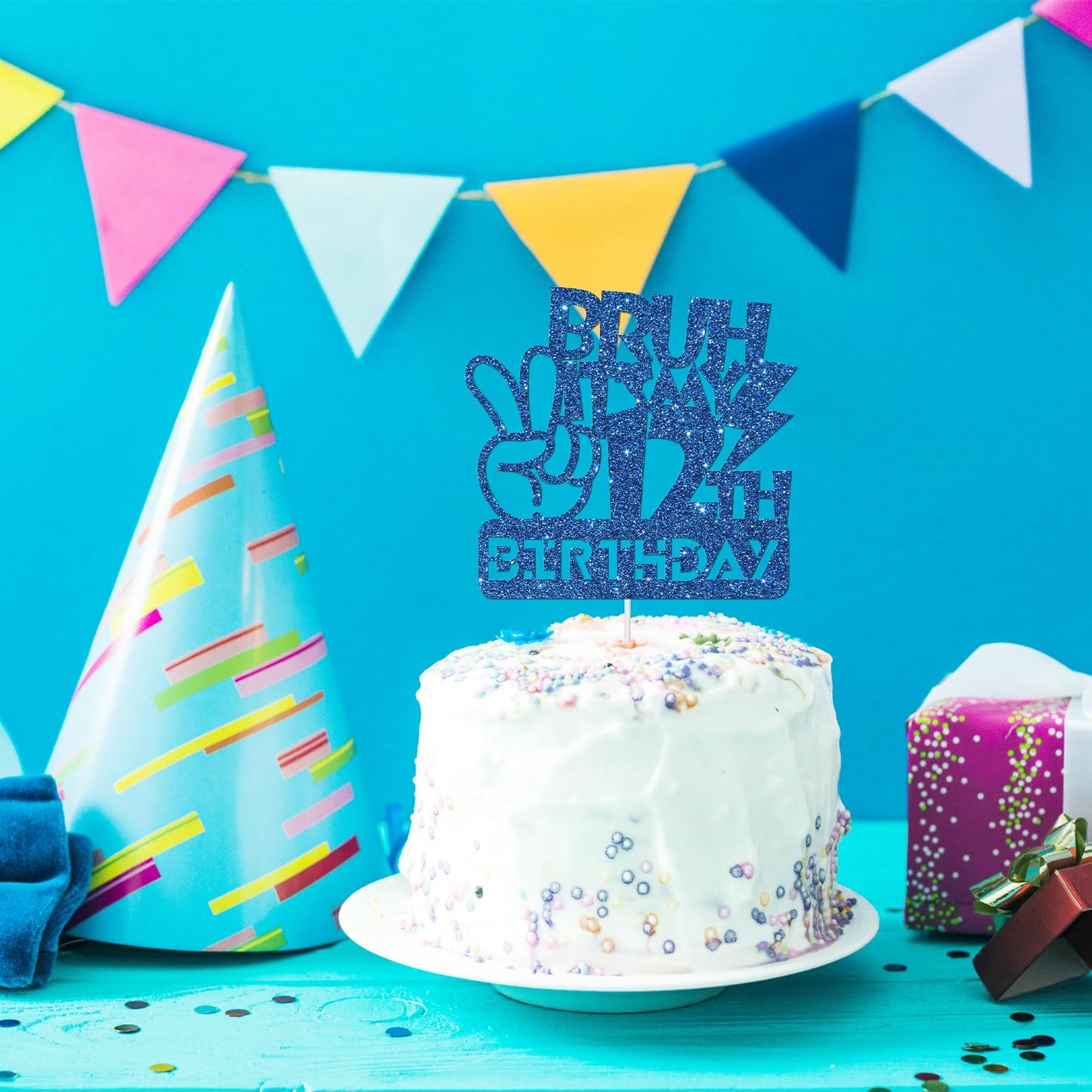 Embhhor Bruh It'S My 12Th Birthday Cake Topper, Dude Bro I'M 12, Kid Boys Happy 12Th Birthday Party Cake Decorations, Blue Glitt
